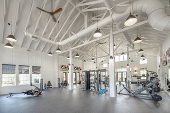 Gym with vaulted ceiling, fans, and equipment
